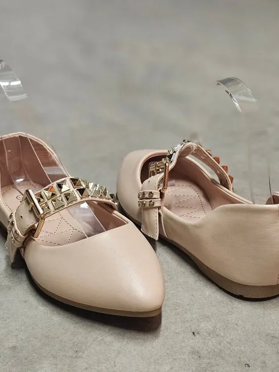 Studded Metallic Strap Beige Pointed-Toe Flats For Girls - Comfortable & Stylish - Picture 6 of 10